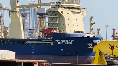 The South Korean-operated vessel HMM NAMU is docked after being damaged from a fire following an explosion in the Strait of Hormuz, Dubai, United Arab Emirates, May 8, 2026.
