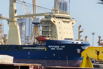 The South Korean-operated vessel HMM NAMU is docked after being damaged from a fire following an explosion in the Strait of Hormuz, Dubai, United Arab Emirates, May 8, 2026.