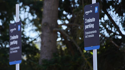 Parking signs for drivers outside an Amazon Now location, Bellevue, Wash., May 11, 2026.