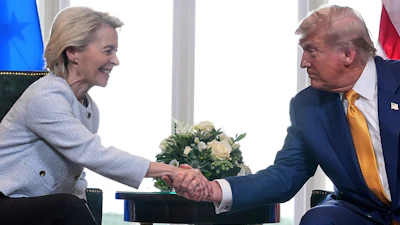 President Donald Trump and European Commission President Ursula von der Leyen shake hands after reaching a trade deal, Turnberry, Scotland, July 27, 2025.