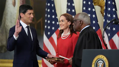 Supreme Court Justice Clarence Thomas administers the oath during the swearing in of Kevin Warsh as chairman of the Federal Reserve in the East Room of the White House, May 22, 2026.