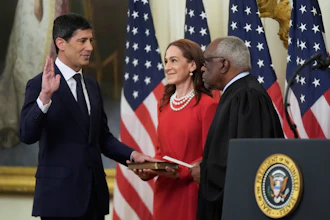Supreme Court Justice Clarence Thomas administers the oath during the swearing in of Kevin Warsh as chairman of the Federal Reserve in the East Room of the White House, May 22, 2026.