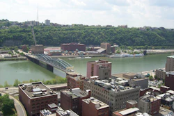 The Monongahela River and Wesco headquarters from downtown Pittsburgh, March 2022.