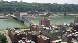 The Monongahela River and Wesco headquarters from downtown Pittsburgh, March 2022.