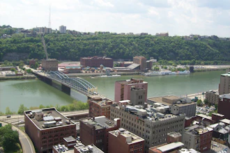 The Monongahela River and Wesco headquarters from downtown Pittsburgh, March 2022.