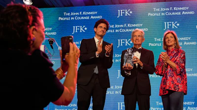 Federal Reserve Board Governor Jerome Powell, center, with former ambassador Caroline Kennedy, right, and her son Jack Schlossberg at the John F. Kennedy Presidential Library, Boston, May 31, 2026.