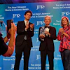 Federal Reserve Board Governor Jerome Powell, center, with former ambassador Caroline Kennedy, right, and her son Jack Schlossberg at the John F. Kennedy Presidential Library, Boston, May 31, 2026.