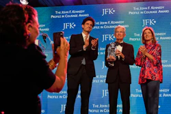 Federal Reserve Board Governor Jerome Powell, center, with former ambassador Caroline Kennedy, right, and her son Jack Schlossberg at the John F. Kennedy Presidential Library, Boston, May 31, 2026.