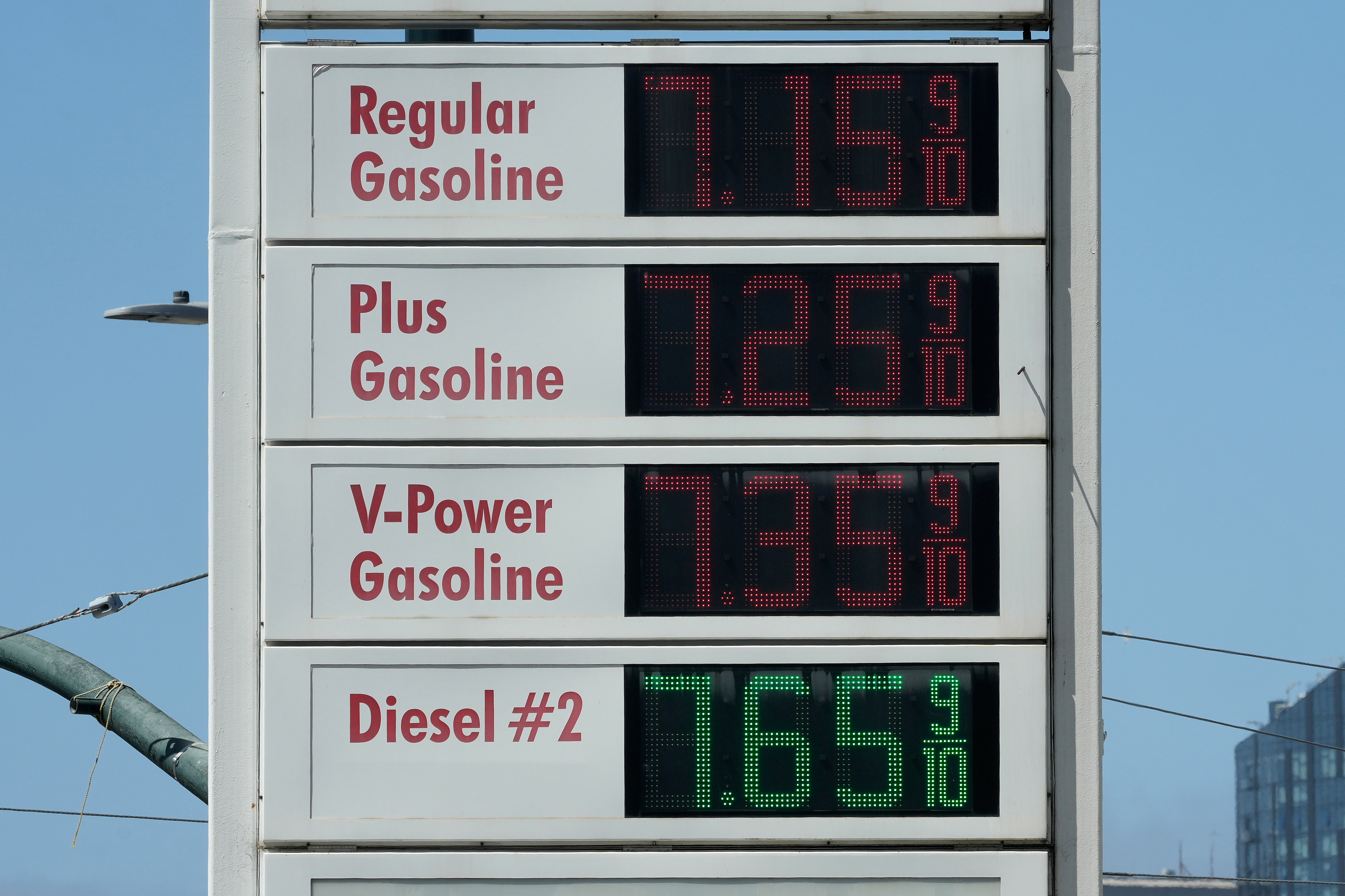Prices displayed at a gas station in San Francisco, April 29, 2026.