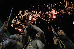 Fireworks burst as Houthi supporters rally against the Saudi-led coalition in Sanaa, Yemen, July 20, 2026.