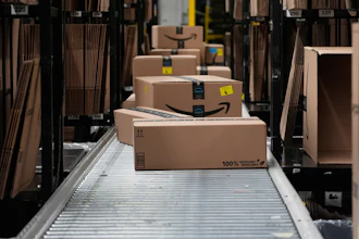 Boxes on a conveyor belt at an Amazon warehouse in Tepotzotlan, Mexico, May 22, 2025.