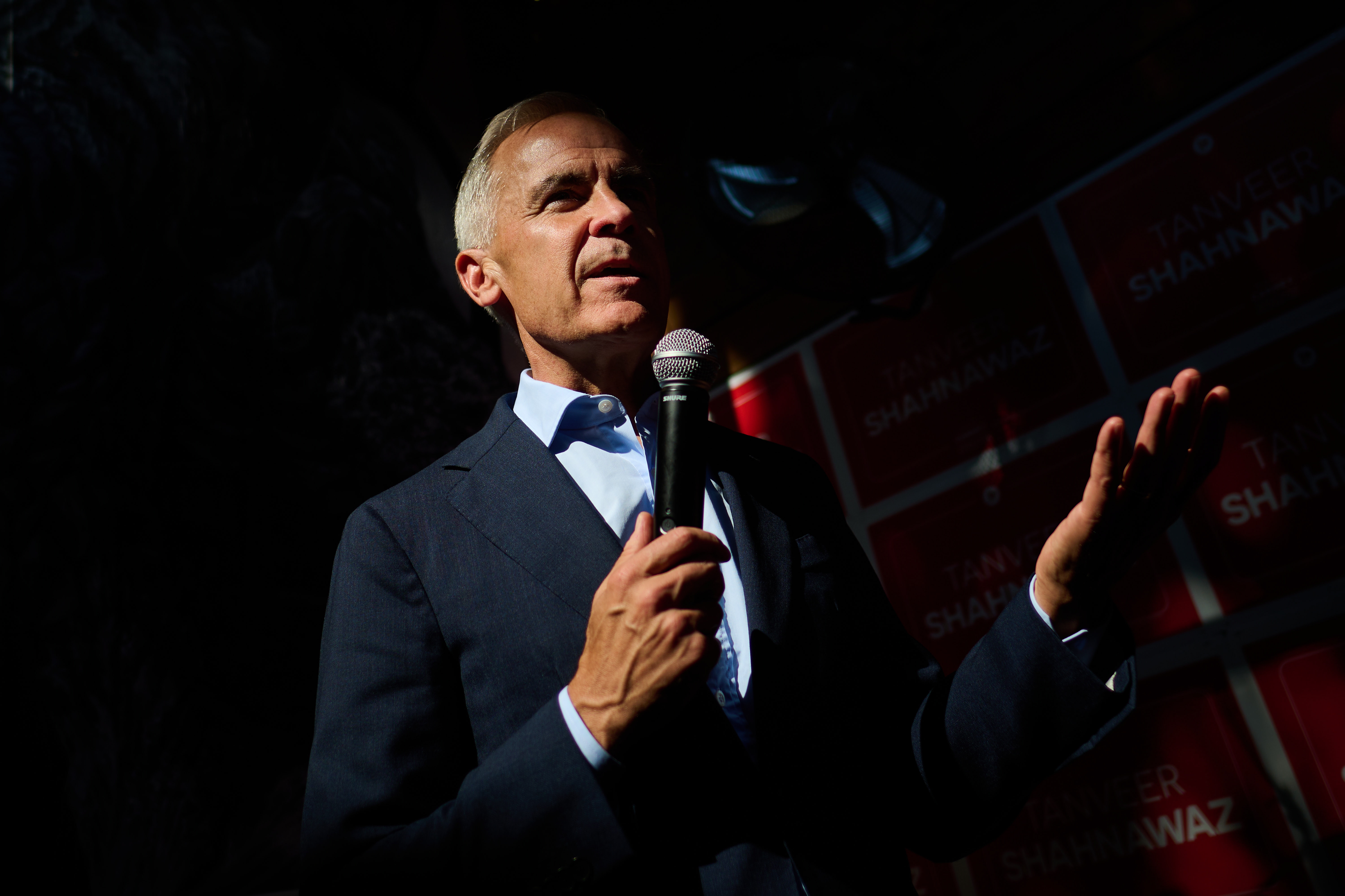 Prime Minister Mark Carney speaks at a campaign event for Liberal Party Beaches-East York byelection candidate Tanveer Shahnawaz at The Stone Lion Pub, Toronto, Aug. 5, 2026.