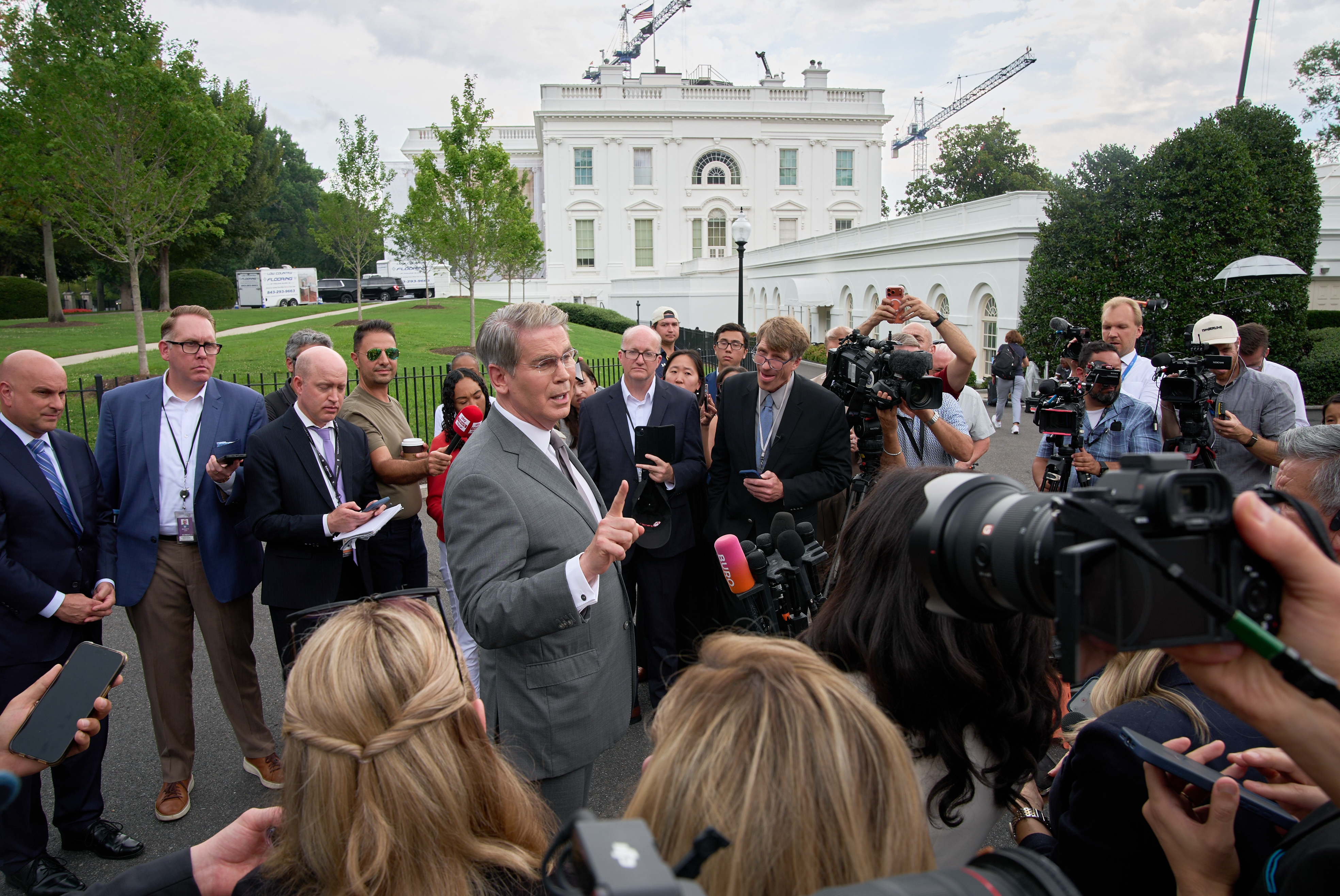 Treasury Secretary Scott Bessent speaks to members of the media outside the White House, Aug. 20, 2026.