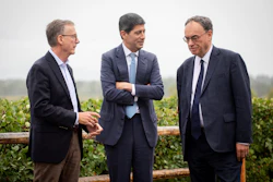 Fed Chair Kevin Warsh, center, talks to Bank of England Governor Andrew Bailey, right, and Bank of Canada Governor Tiff Macklem at the annual Jackson Hole Economic Policy Symposium, Aug. 28, 2026, Moran, Wyo.