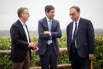 Fed Chair Kevin Warsh, center, talks to Bank of England Governor Andrew Bailey, right, and Bank of Canada Governor Tiff Macklem at the annual Jackson Hole Economic Policy Symposium, Aug. 28, 2026, Moran, Wyo.