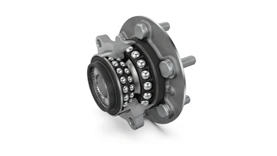 Wheel hub assembly with dual-row ball bearings and metal housing on white background