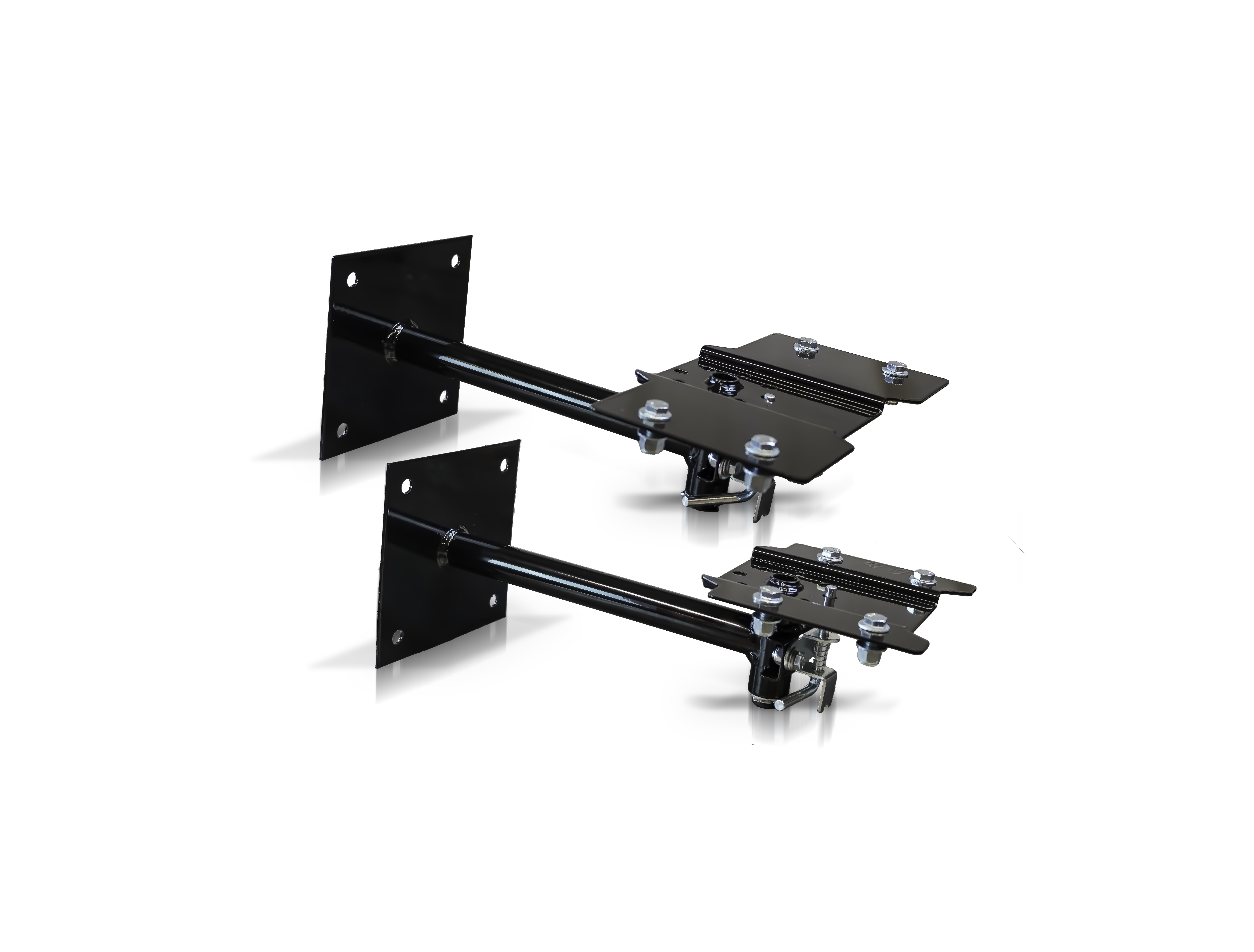 Two black automotive hitch receiver assemblies with mounting brackets and hardware components