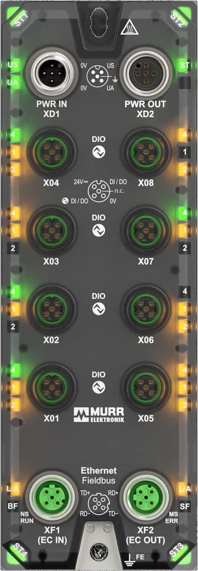 Murr Elektronik industrial I/O module with dual power connectors, eight DIO channels, and Ethernet Fieldbus interfaces