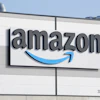 An Amazon logo on the facade of a building in Schoenefeld, Germany, March 18, 2022.