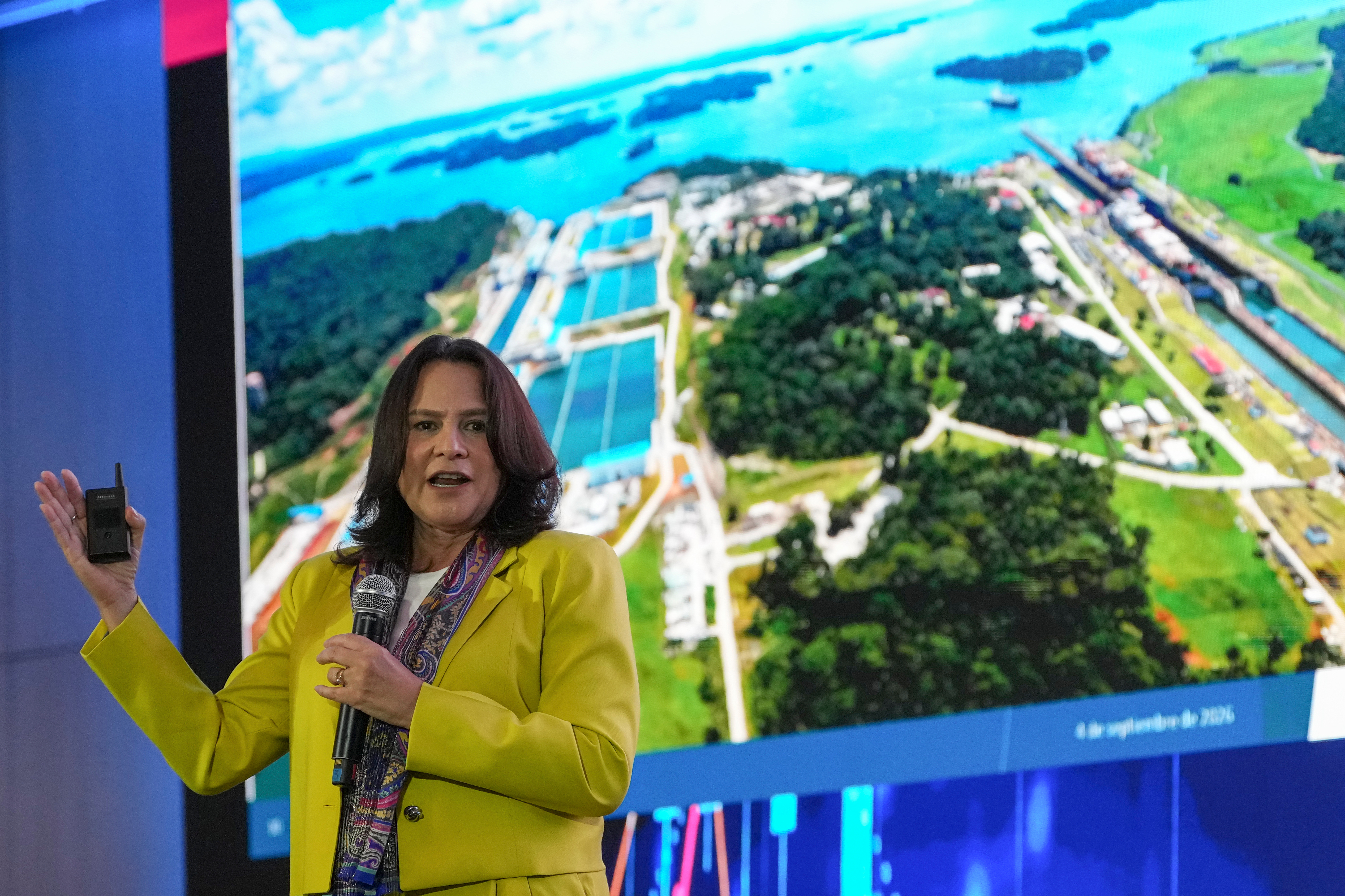 Incoming Panama Canal Administrator Ilya Espino de Marotta speaks during an international financial summit in Panama City, Sept. 4, 2026.