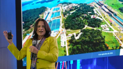 Incoming Panama Canal Administrator Ilya Espino de Marotta speaks during an international financial summit in Panama City, Sept. 4, 2026.