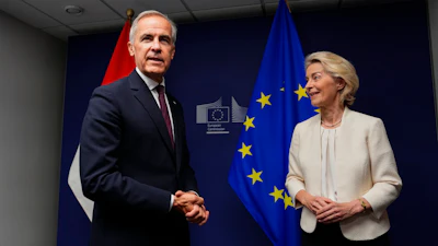 Canadian Prime Minister Mark Carney, left, and European Commission President Ursula von der Leyen during a bilateral meeting at the European Parliament in Strasbourg, France, Sept. 16, 2026.
