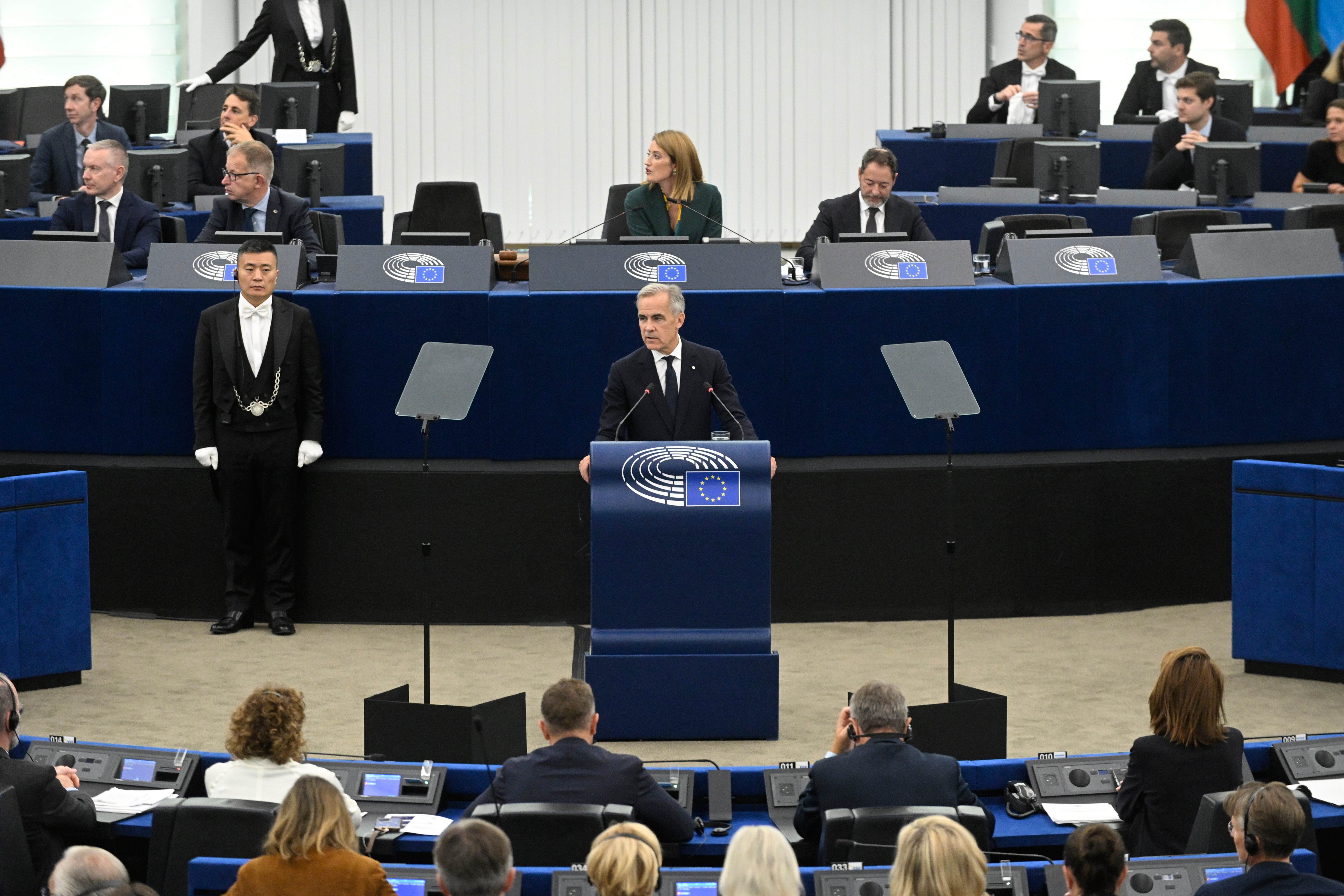 Canada's Prime Minister Mark Carney delivers a speech at the European Parliament, Strasbourg, France, Sept 17, 2026.