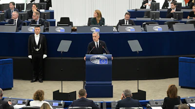 Canada's Prime Minister Mark Carney delivers a speech at the European Parliament, Strasbourg, France, Sept 17, 2026.
