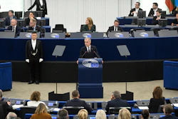 Canada's Prime Minister Mark Carney delivers a speech at the European Parliament, Strasbourg, France, Sept 17, 2026.