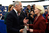 Canada Prime Minister Mark Carney speaks with European Commission President Ursula von der Leyen at the European Parliament in Strasbourg, France, Sept 17, 2026.