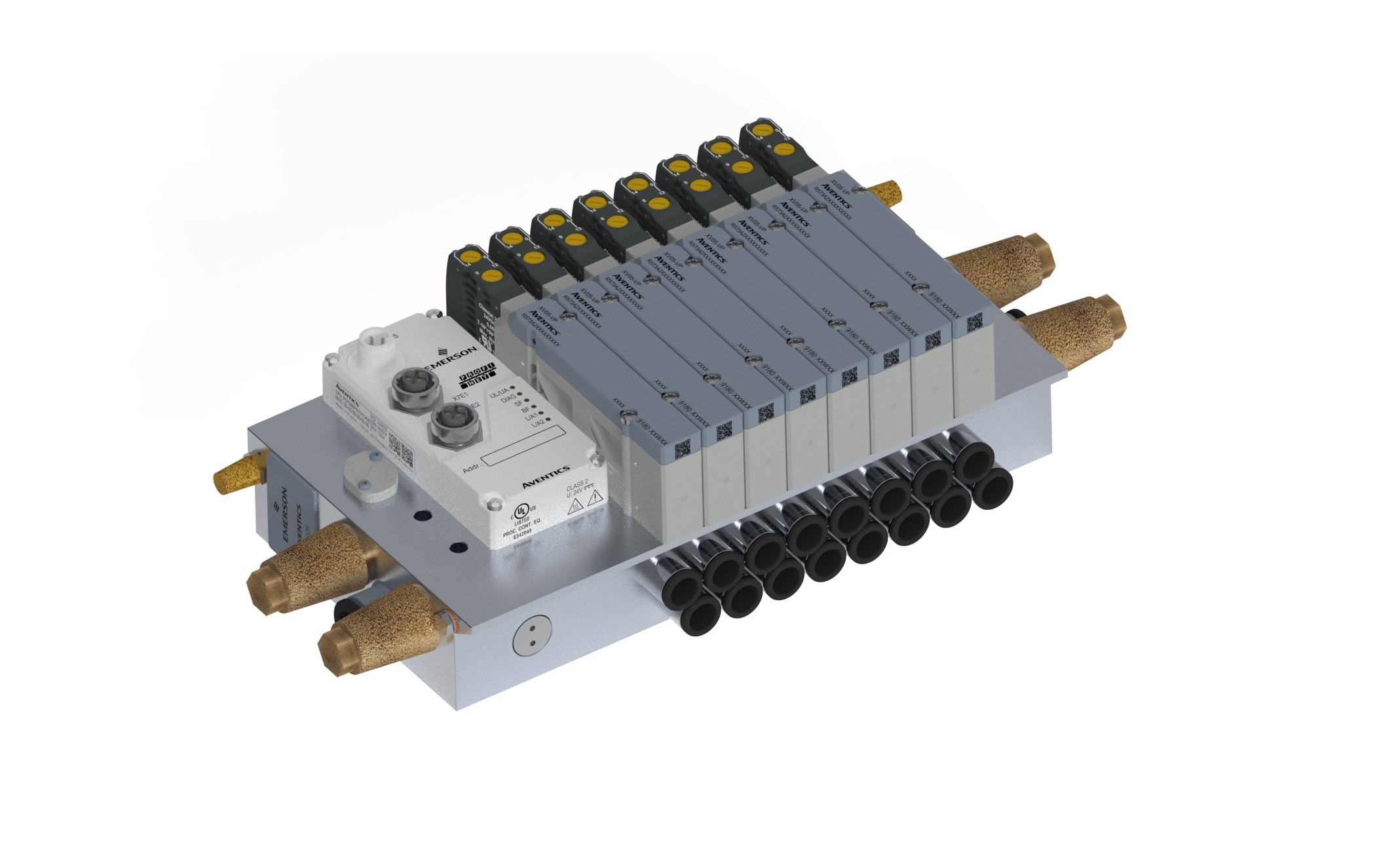 Industrial pneumatic valve manifold assembly with solenoid controls and brass fittings