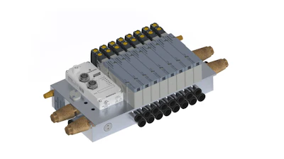 Industrial pneumatic valve manifold assembly with solenoid controls and brass fittings