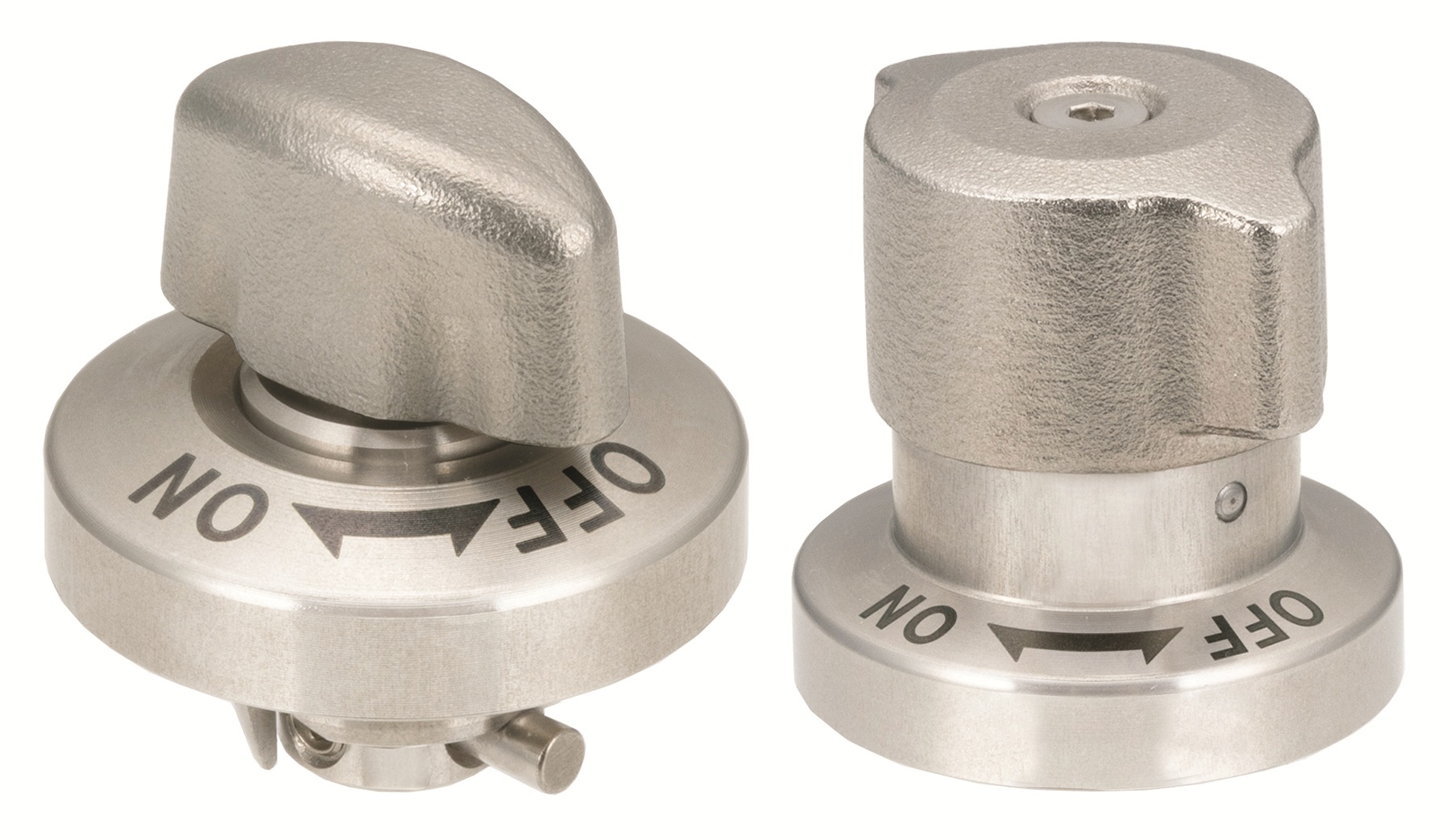 Two stainless steel valve caps with ON/OFF markings shown from front and top views