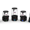 Five Lincoln commercial blenders in varying sizes arranged in a row with black bases and clear containers