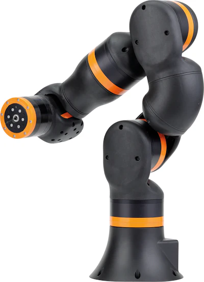 Black and orange collaborative robotic arm with articulated joints and sensor array on gripper