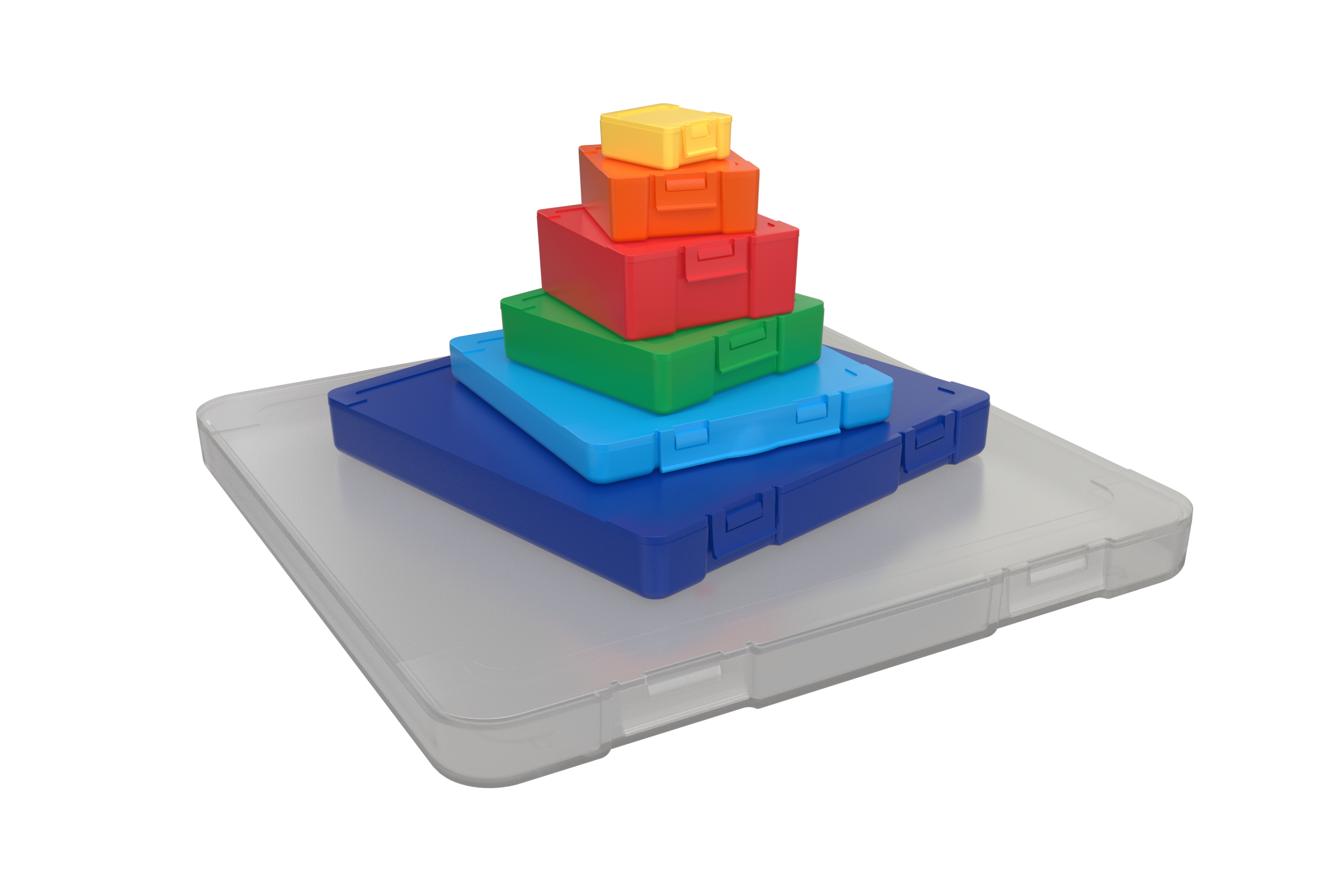Colorful stacking toy blocks arranged in pyramid formation on gray base platform