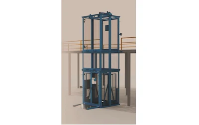 Blue industrial vertical lift platform with safety cage and railings on concrete structure