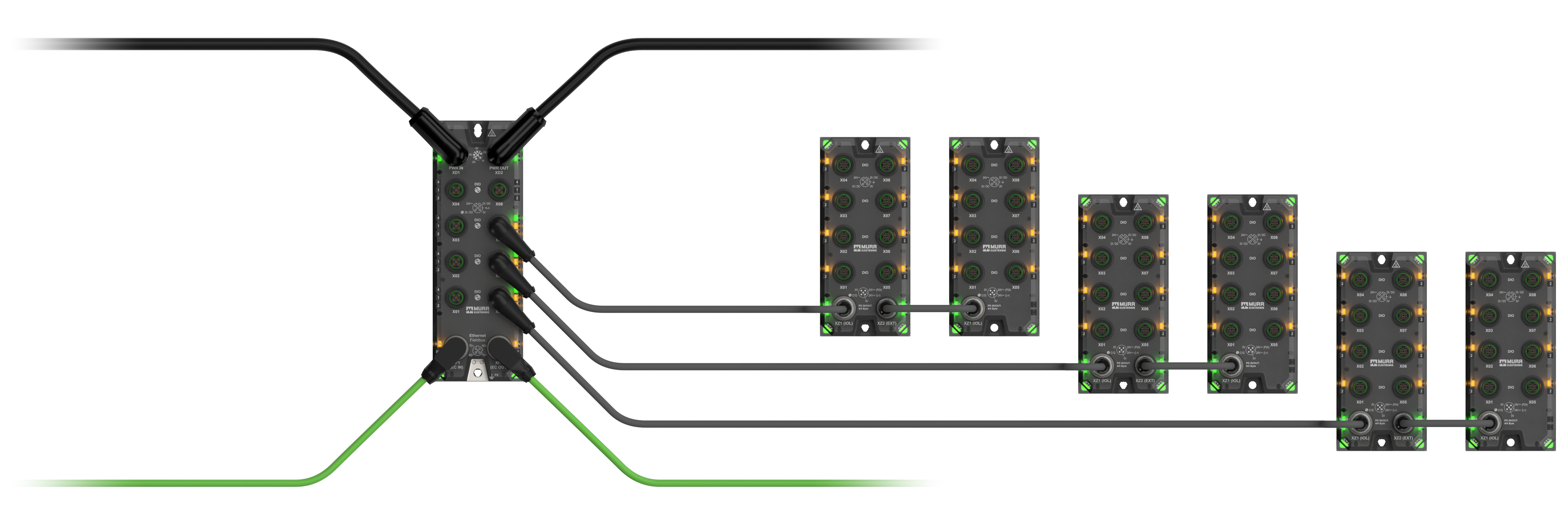 Network distribution system diagram with central hub connecting to six modular units via branching cables