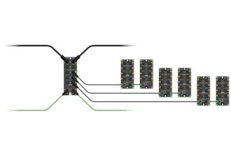 Network distribution system diagram with central hub connecting to six modular units via branching cables