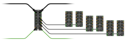 Network distribution system diagram with central hub connecting to six modular units via branching cables