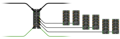 Network distribution system diagram with central hub connecting to six modular units via branching cables