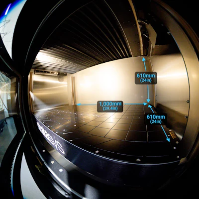 Industrial interior space with measurement annotations showing 1,000mm width and 610mm height dimensions