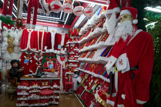Christmas market stall displaying red Santa costumes, white fur trim, and holiday decorations with a young shopper browsing merchandise.