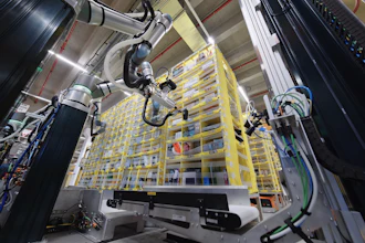 Robotic automation system with mechanical arms operating above yellow storage racks in an industrial warehouse facility
