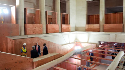Federal Reserve Chairman Jerome Powell, from second left, President Donald Trump and Sen. Tim Scott, R-S.C., visit the Federal Reserve, July 24, 2025, Washington.