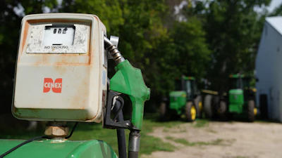 A diesel fuel tank is seen on a corn and soybean farm, Aug. 26, 2026, Northfield, Minn.