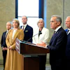 Canada Prime Minister Mark Carney and Ontario Premier Doug Ford, right, are joined by federal and provincial ministers at a joint news conference on Parliament Hill in Ottawa, Oct. 21, 2026.