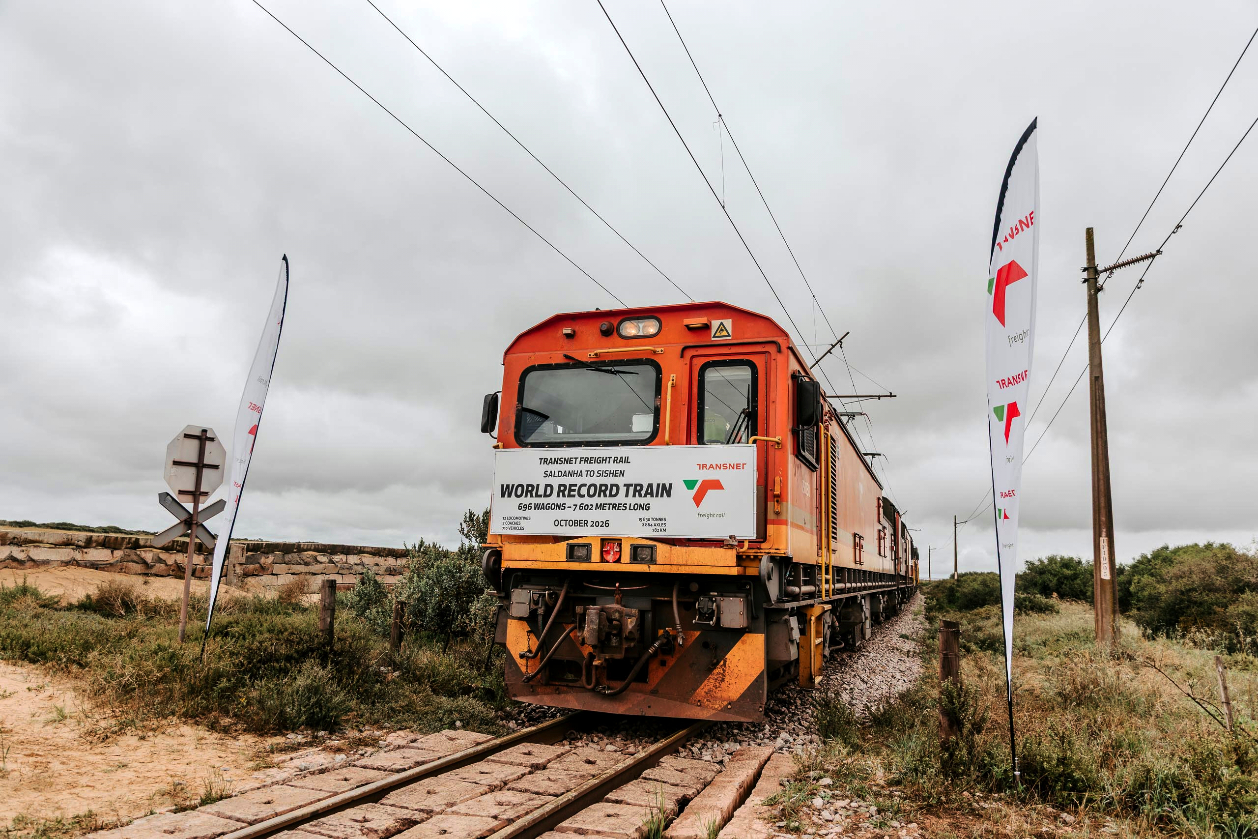 In this photo provided by the Transnet Freight Rail, a freight train that claims to be the longest in the world is seen in Saldanha Bay, South Africa, Oct. 17, 2026.