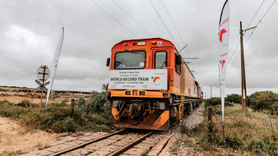 In this photo provided by the Transnet Freight Rail, a freight train that claims to be the longest in the world is seen in Saldanha Bay, South Africa, Oct. 17, 2026.