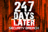 Hooded figure with digital rain background and '267 Days Later Security Breach' text overlay in white and red